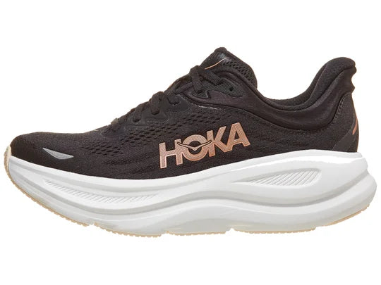 Women's Hoka Bondi 9. Black upper. White midsole. Lateral view. 