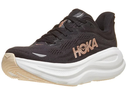 Women's Hoka Bondi 9. Black upper. White midsole. Lateral view. 