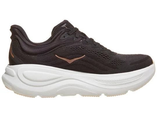 Women's Hoka Bondi 9. Black upper. White midsole. Medial view.