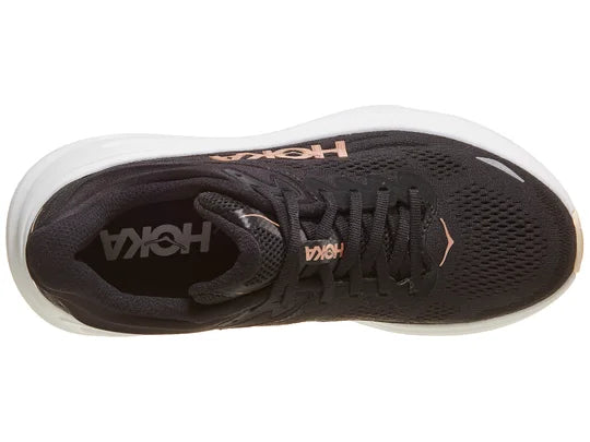 Women's Hoka Bondi 9. Black upper. White midsole. Top view.