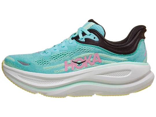 Women's Hoka Bondi 9. Green upper. White midsole. Lateral view.