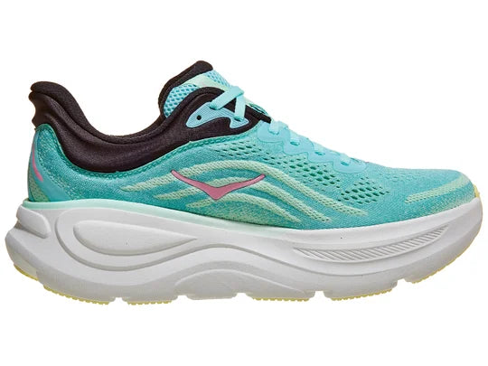 Women's Hoka Bondi 9. Green upper. White midsole. Medial view.