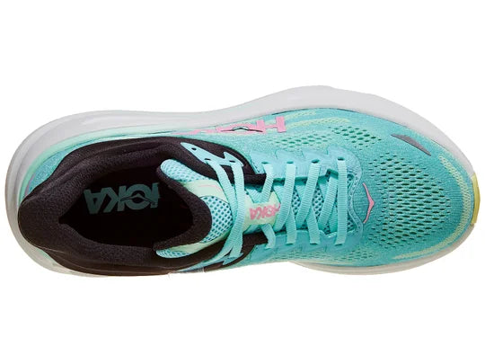 Women's Hoka Bondi 9. Green upper. White midsole. Top view.