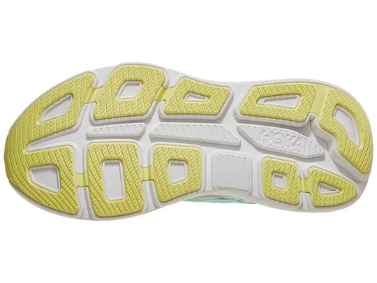 Women's Hoka Bondi 9. Green upper. White midsole. Bottom view.