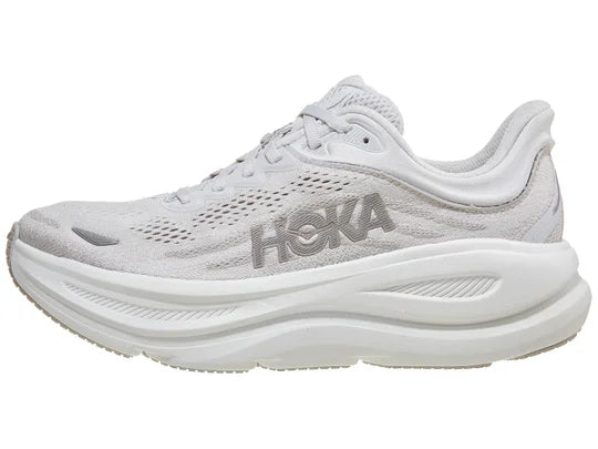 Women's Hoka Bondi 9. Grey upper. White midsole. Lateral view.