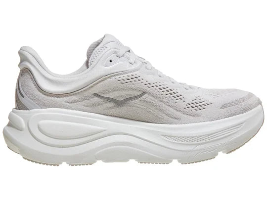 Women's Hoka Bondi 9. Grey upper. White midsole. Medial view.