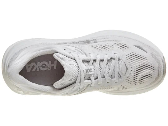 Women's Hoka Bondi 9. Grey upper. White midsole. Top view.