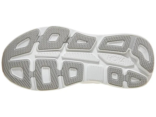 Women's Hoka Bondi 9. Grey upper. White midsole. Bottom view.