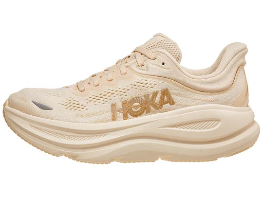 Women's Hoka Bondi 9. Cream upper. Cream midsole. Lateral view. 