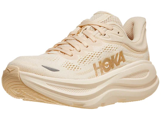 Women's Hoka Bondi 9. Cream upper. Cream midsole. Lateral view. 