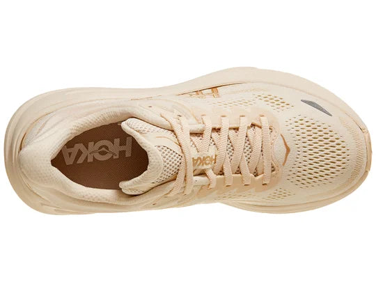Women's Hoka Bondi 9. Cream upper. Cream midsole. Top view. 