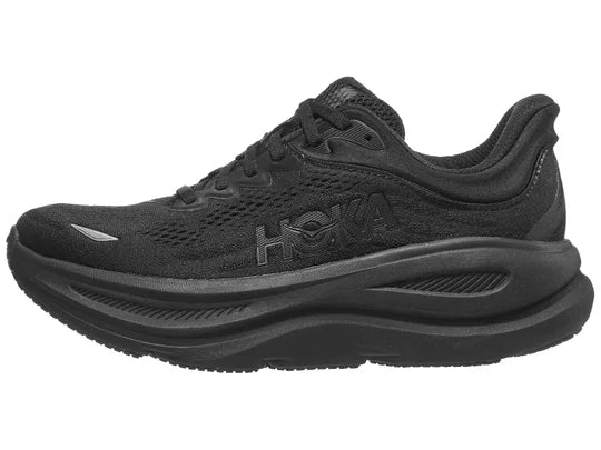 Women's Hoka Bondi 9. Black upper. Black midsole. Lateral view.