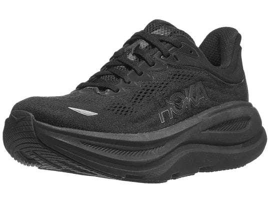 Women's Hoka Bondi 9. Black upper. Black midsole. Lateral view.