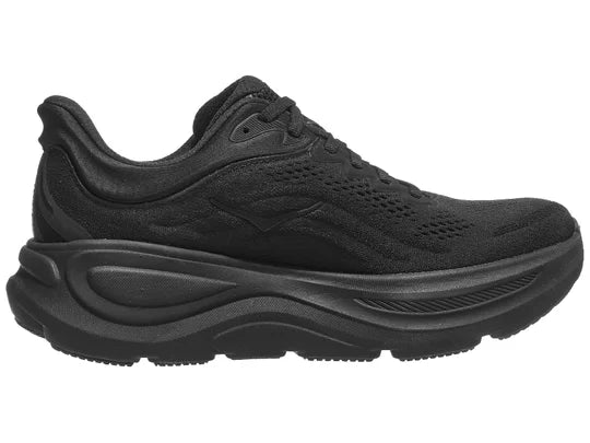 Women's Hoka Bondi 9. Black upper. Black midsole. Medial view.
