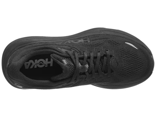 Women's Hoka Bondi 9. Black upper. Black midsole. Top view.