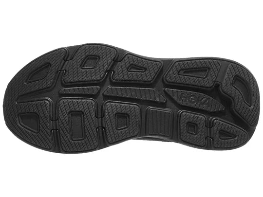 Women's Hoka Bondi 9. Black upper. Black midsole. Bottom view.