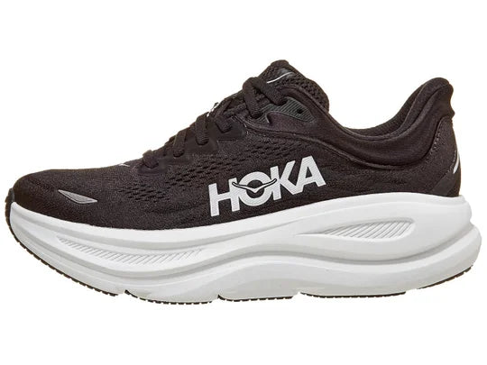 Women's Hoka Bondi 9. Black upper. White midsole. Lateral view.