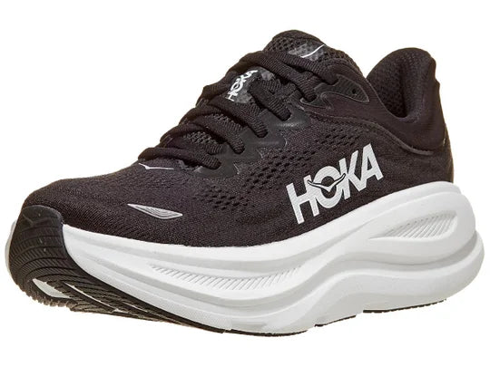 Women's Hoka Bondi 9. Black upper. White midsole. Lateral view.