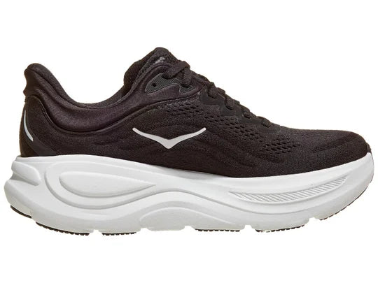 Women's Hoka Bondi 9. Black upper. White midsole. Medial view.