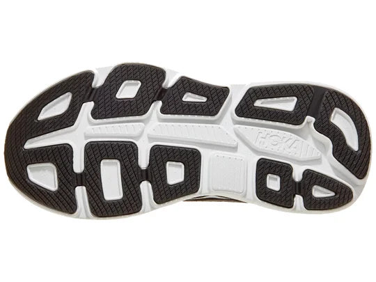 Women's Hoka Bondi 9. Black upper. White midsole. Bottom view.