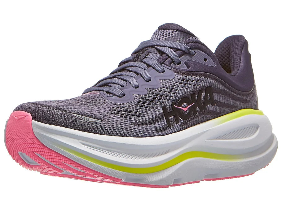 Women's Hoka Bondi 9. Grey upper. White midsole. Lateral view.