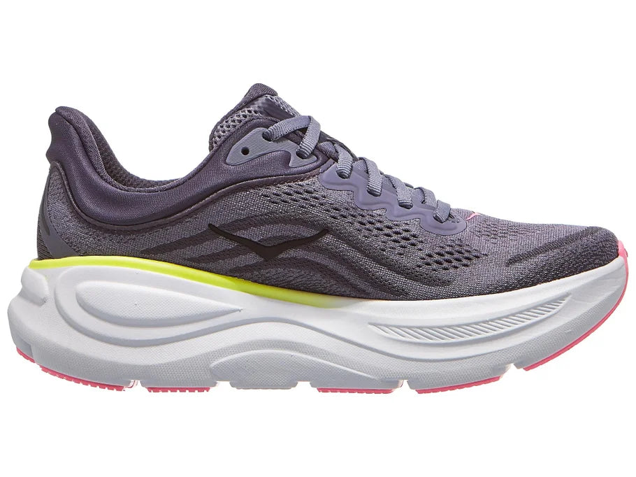 Women's Hoka Bondi 9. Grey upper. White midsole. Medial view.