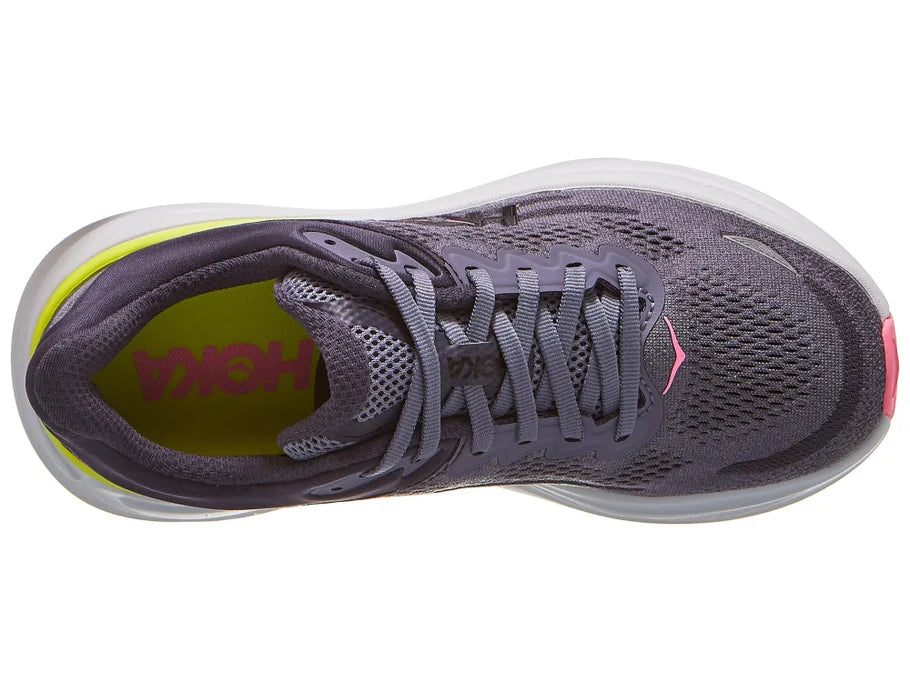 Women's Hoka Bondi 9. Grey upper. White midsole. Top view.