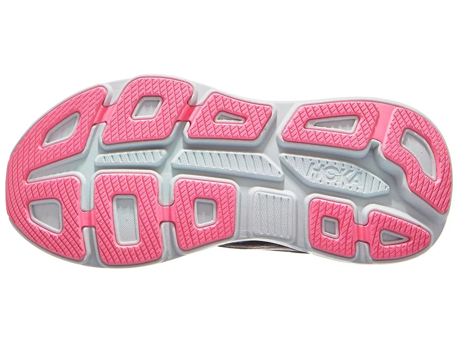 Women's Hoka Bondi 9. Grey upper. White midsole. Bottom view.