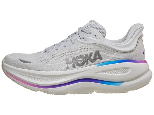 Women's Hoka Bondi 9. Grey upper. White midsole. Lateral view.