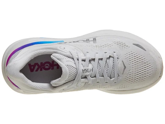Women's Hoka Bondi 9. Grey upper. White midsole. Top view.