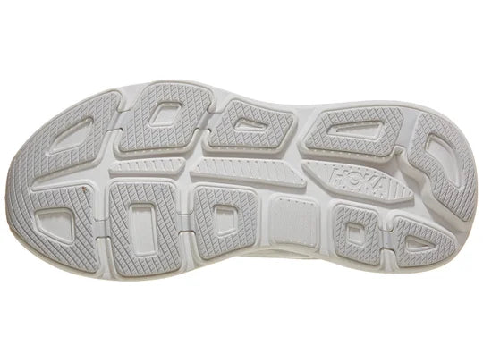 Women's Hoka Bondi 9. Grey upper. White midsole. Bottom view.