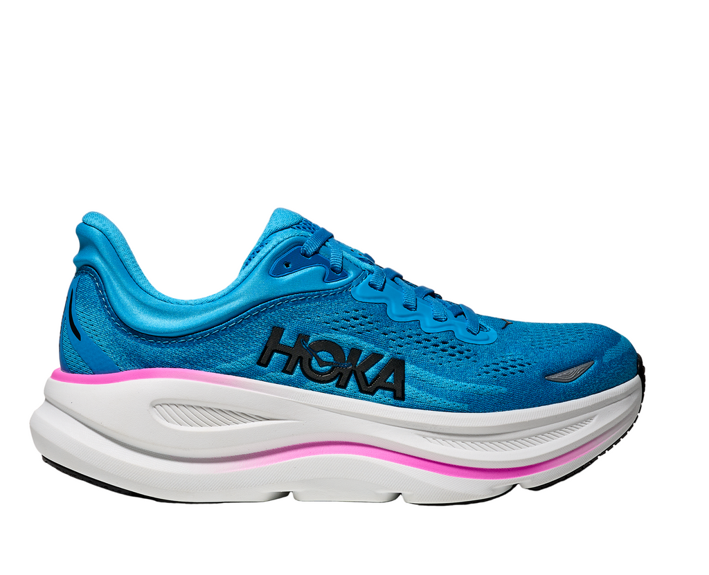 Women's Hoka Bondi 9. Blue upper. White midsole. Lateral view.
