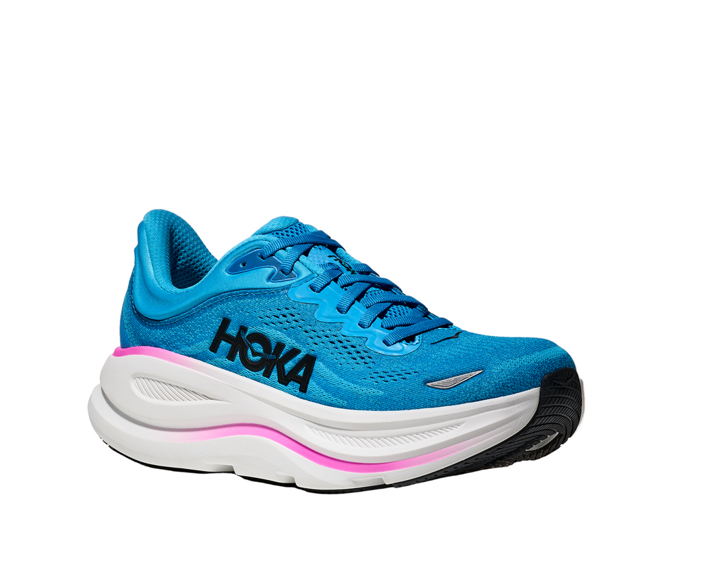 Women's Hoka Bondi 9. Blue upper. White midsole. Lateral view.