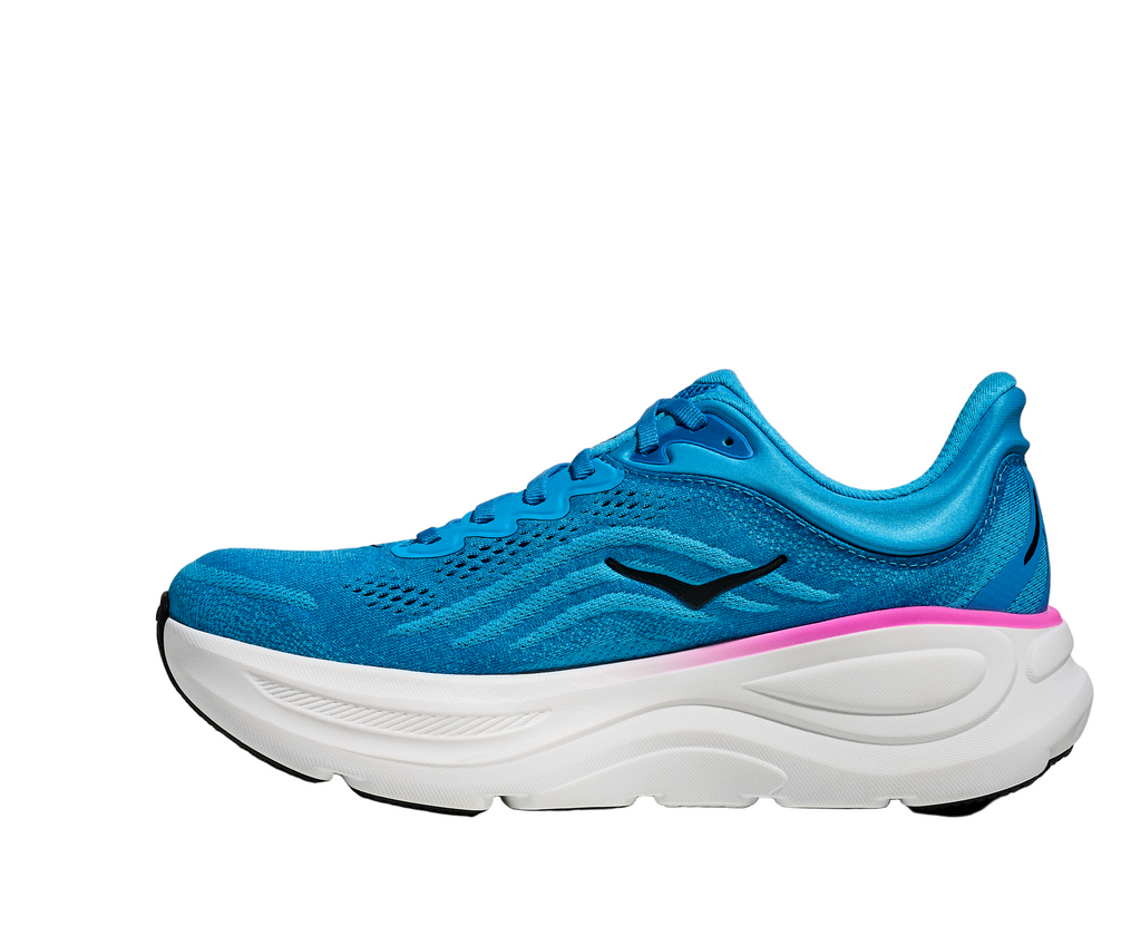 Women's Hoka Bondi 9. Blue upper. White midsole. Medial view.