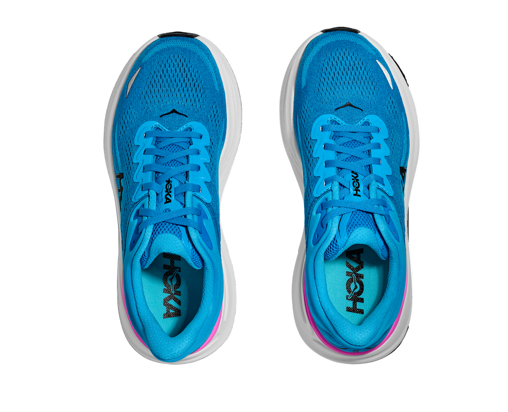 Women's Hoka Bondi 9. Blue upper. White midsole. Top view.