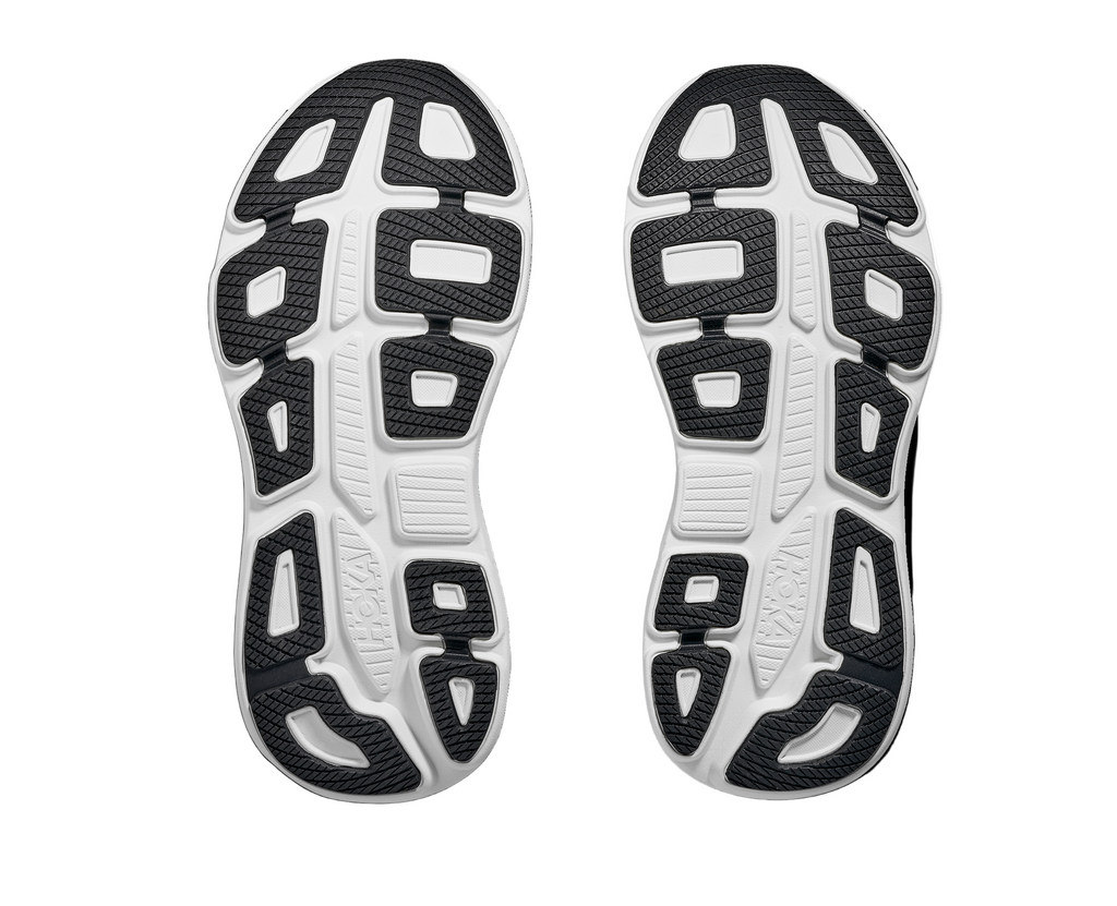 Women's Hoka Bondi 9. Blue upper. White midsole. Bottom view.