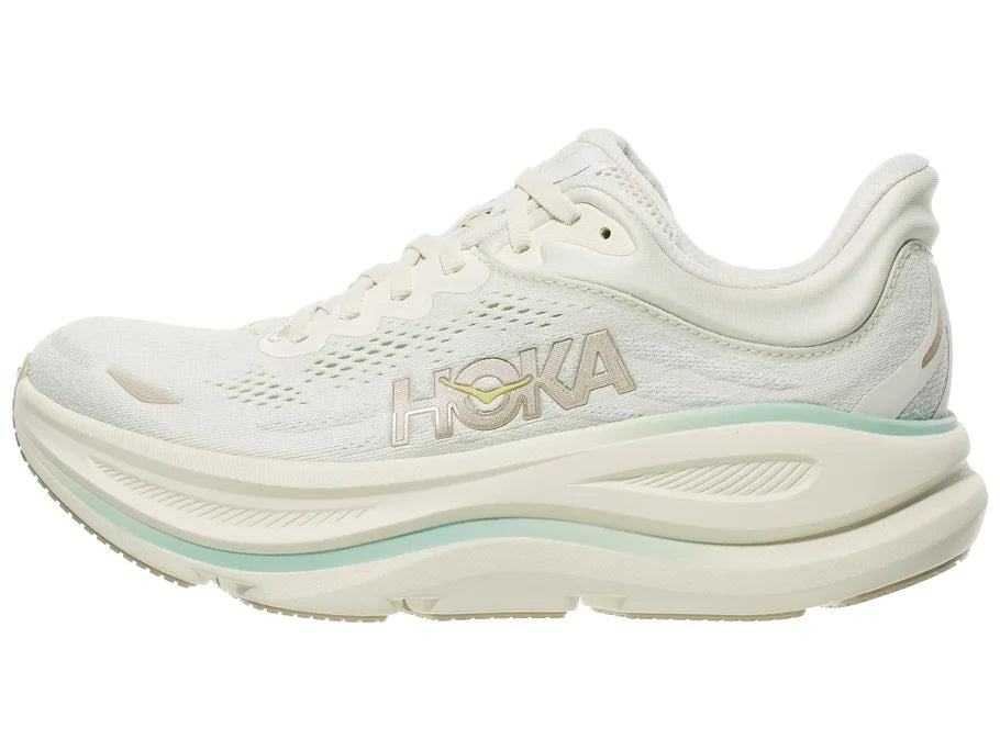 Women's Hoka Bondi 9. Off White upper. Off White midsole. Lateral view.