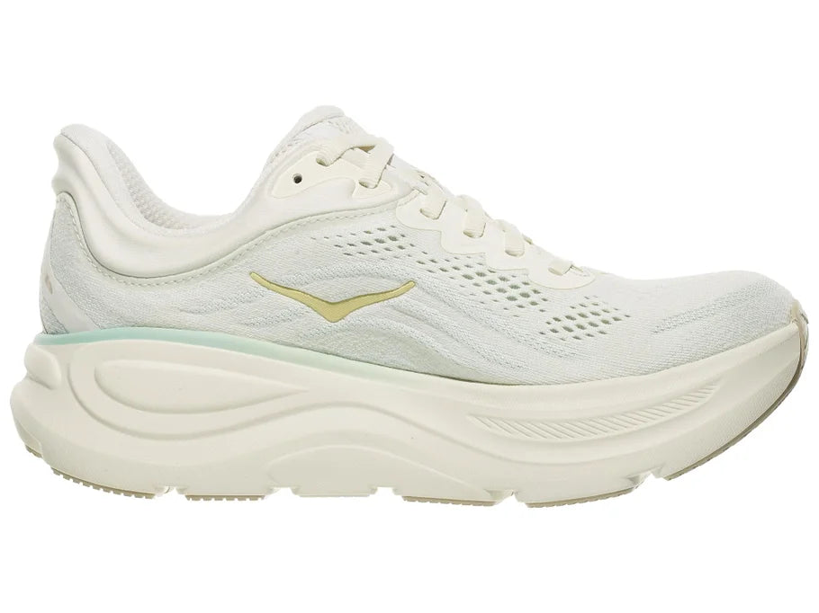 Women's Hoka Bondi 9. Off White upper. Off White midsole. Medial view.