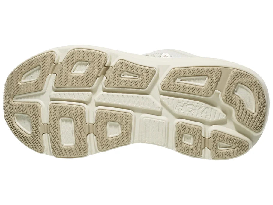 Women's Hoka Bondi 9. Off White upper. Off White midsole. Bottom view.