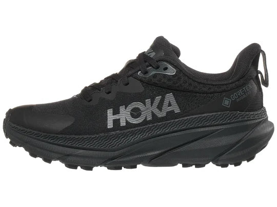 Women's Hoka Challender 7 GTX. Black upper. Black midsole. Lateral view.