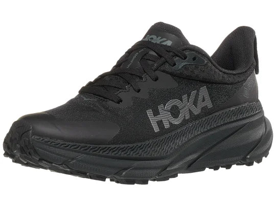 Women's Hoka Challender 7 GTX. Black upper. Black midsole. Lateral view.
