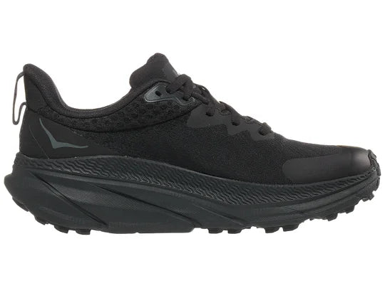 Women's Hoka Challender 7 GTX. Black upper. Black midsole. Medial view.