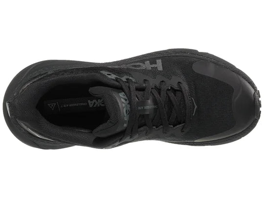 Women's Hoka Challender 7 GTX. Black upper. Black midsole. Top view.