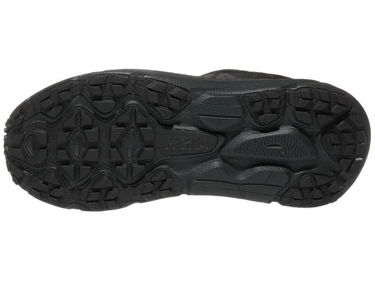 Women's Hoka Challender 7 GTX. Black upper. Black midsole. Bottom view.