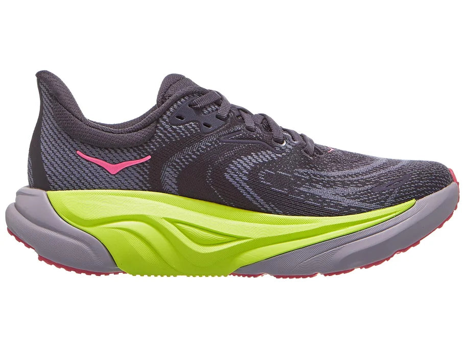 Women's Hoka Arahi 8. Dark grey upper. Yellow and white midsole. Medial view.