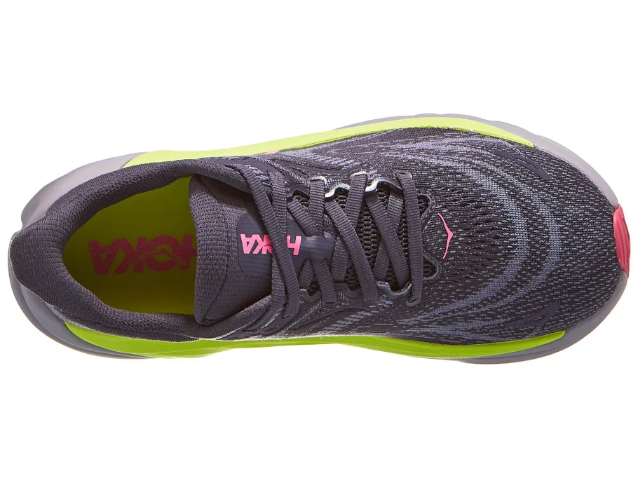 Women's Hoka Arahi 8. Dark grey upper. Yellow and white midsole. Top view.