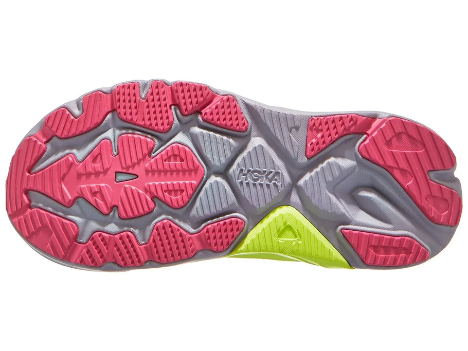 Women's Hoka Arahi 8. Dark grey upper. Yellow and white midsole. Bottom view.