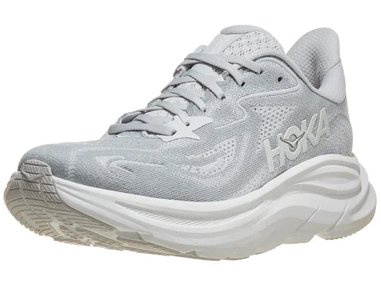 Women's Hoka Clifton 10. Grey upper. White midsole. Lateral view.