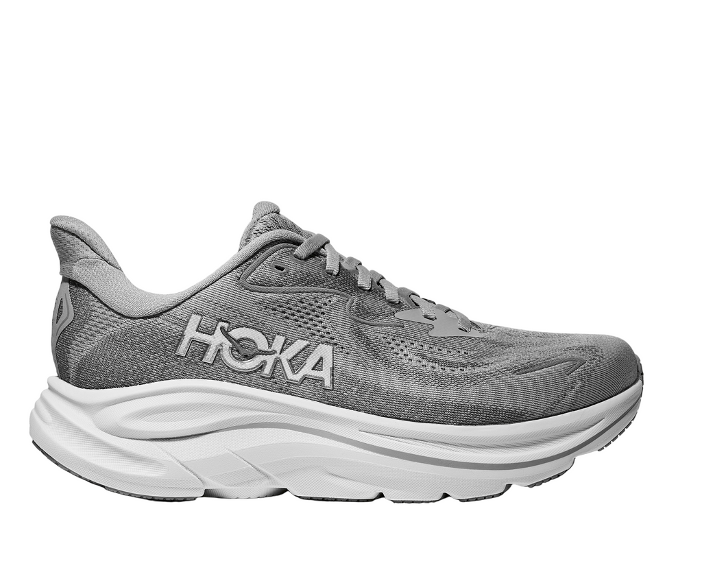 Women's Hoka Clifton 10. Grey upper. White midsole. Lateral view.