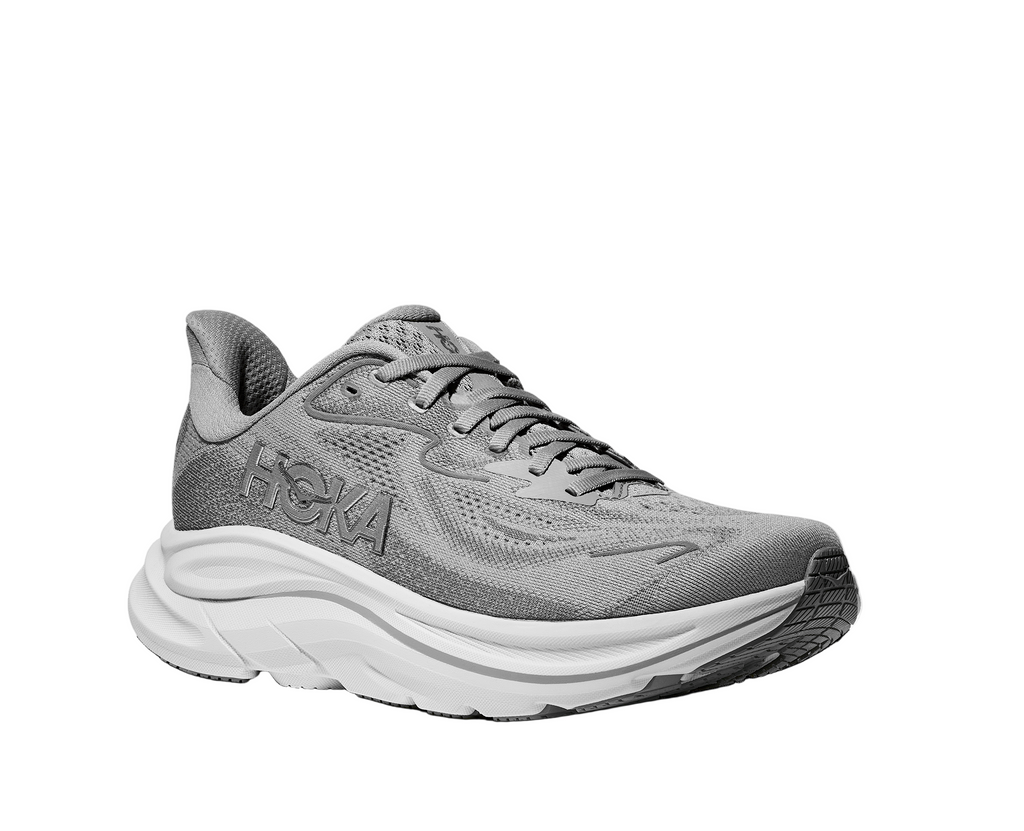 Women's Hoka Clifton 10. Grey upper. White midsole. Lateral view.
